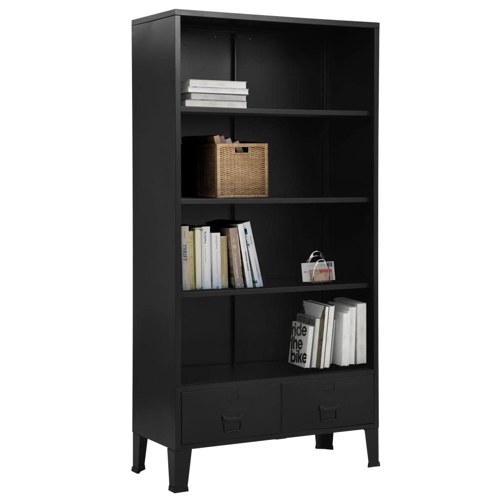 vidaXL Industrial Steel Bookshelf - Black Freestanding Furniture with Shelves, Drawers, and Name Tags for Office and Home