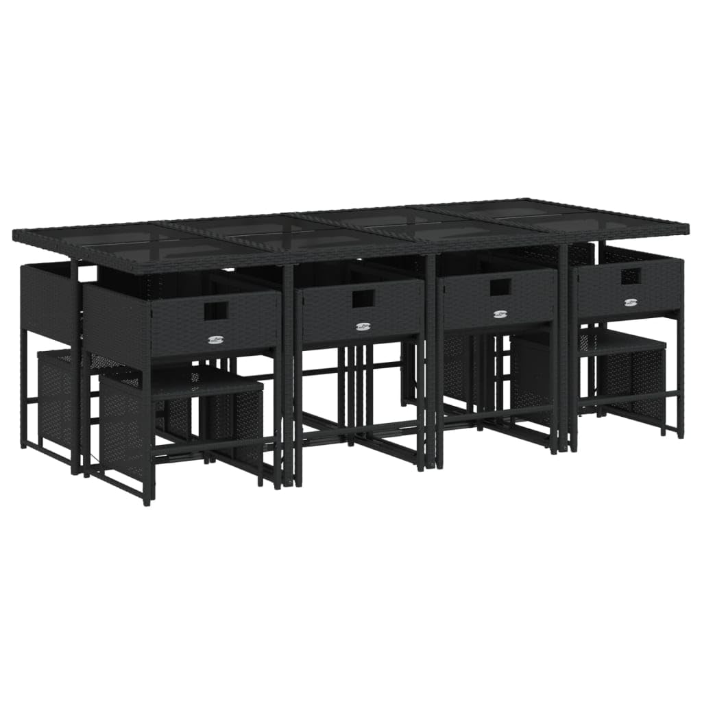 vidaXL 13 Piece Patio Dining Set with Cushions - Black PE Rattan Furniture, Tempered Glass Table for Garden, Backyard, Deck, Rectangular