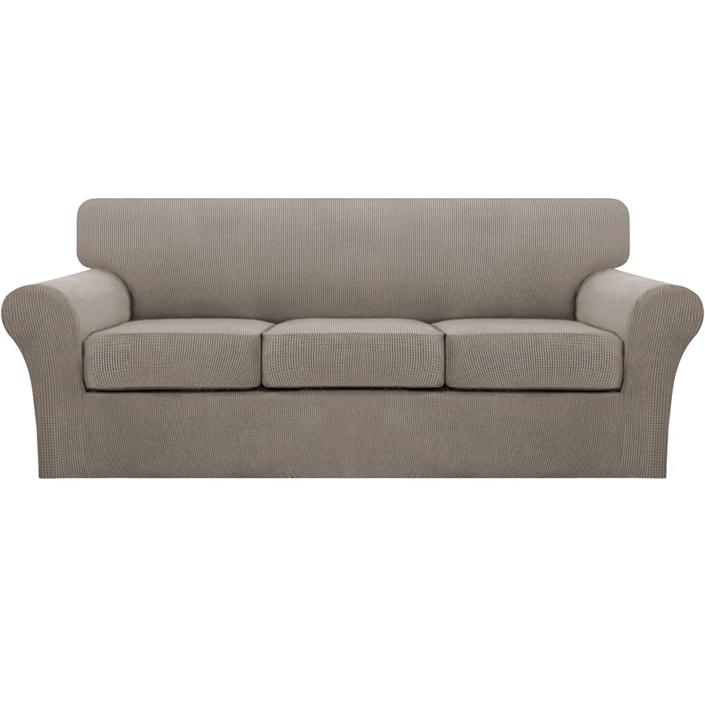 4 Piece Sofa Covers For 3 Cushion Couch Sofa Slipcover Soft Couch Cover For Dogs-Washable Sofa Furniture Covers With 3 Individual Cushion Covers, Feature Thick Jacquard Fabric (3 Cushion Sofa, Taupe)