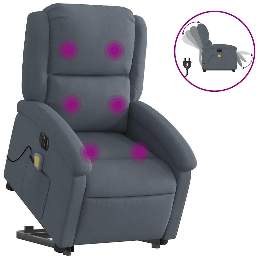 vidaXL Electric Stand-Up Dark Gray Velvet Massage Recliner Armchair with Motorized Lift and Recline, Vibration Massage, Side Pocket