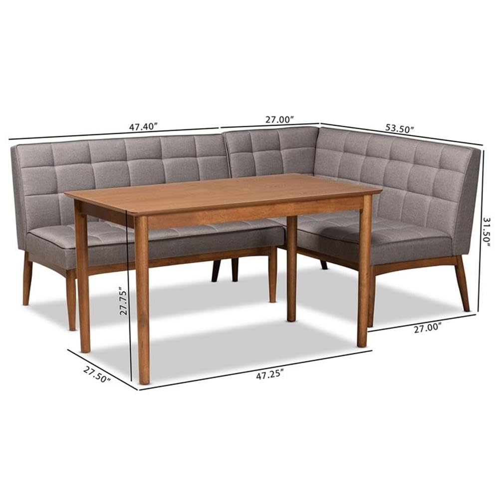 Baxton Studio Sanford Mid-Century Modern Grey Fabric Upholstered and Walnut Brown Finished Wood 3-Piece Dining Nook Set