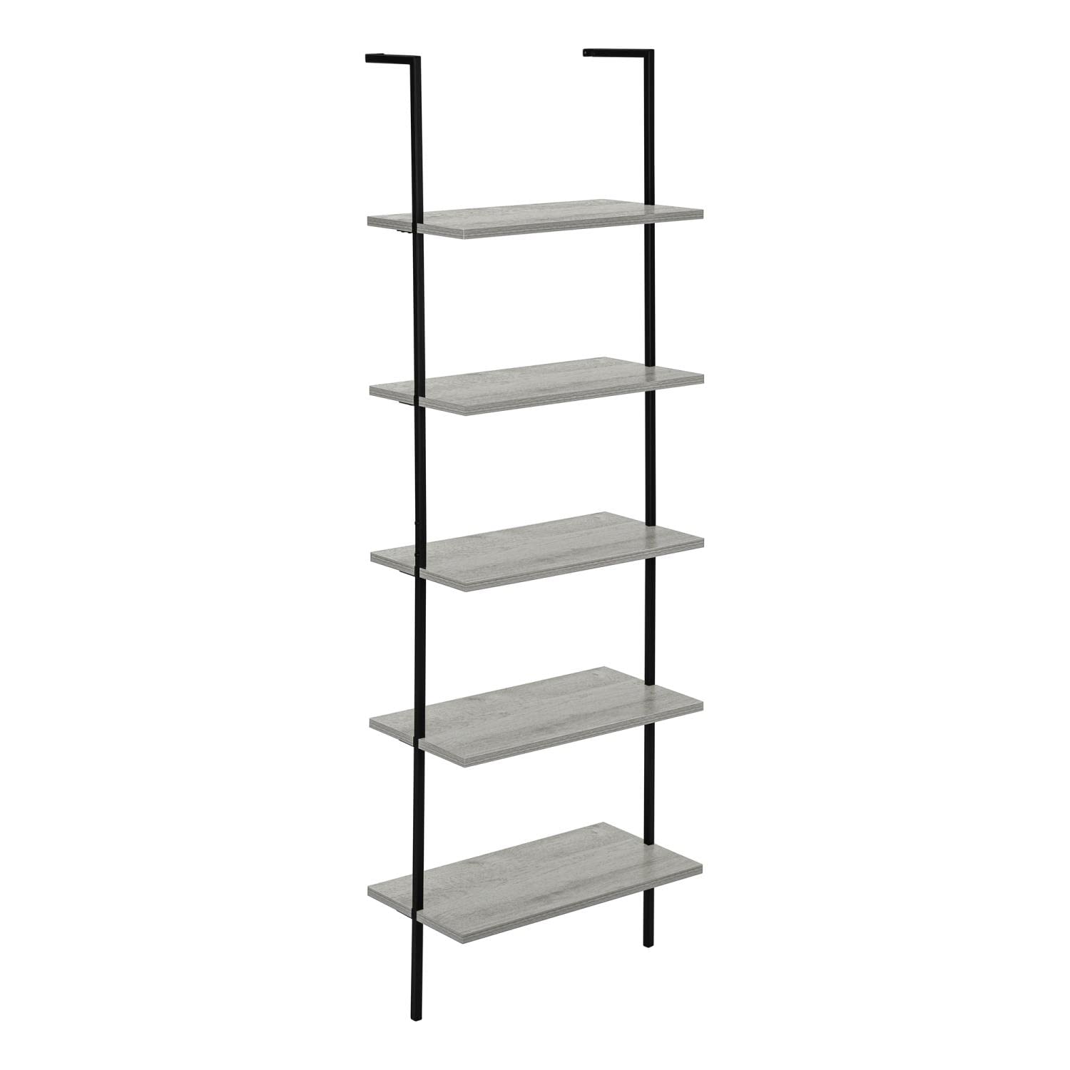 Monarch Specialties I 3681 Bookshelf, Bookcase, Etagere, Ladder, 5 Tier, 72&quot; H, Office, Bedroom, Metal, Laminate, Grey, Black, Contemporary, Modern