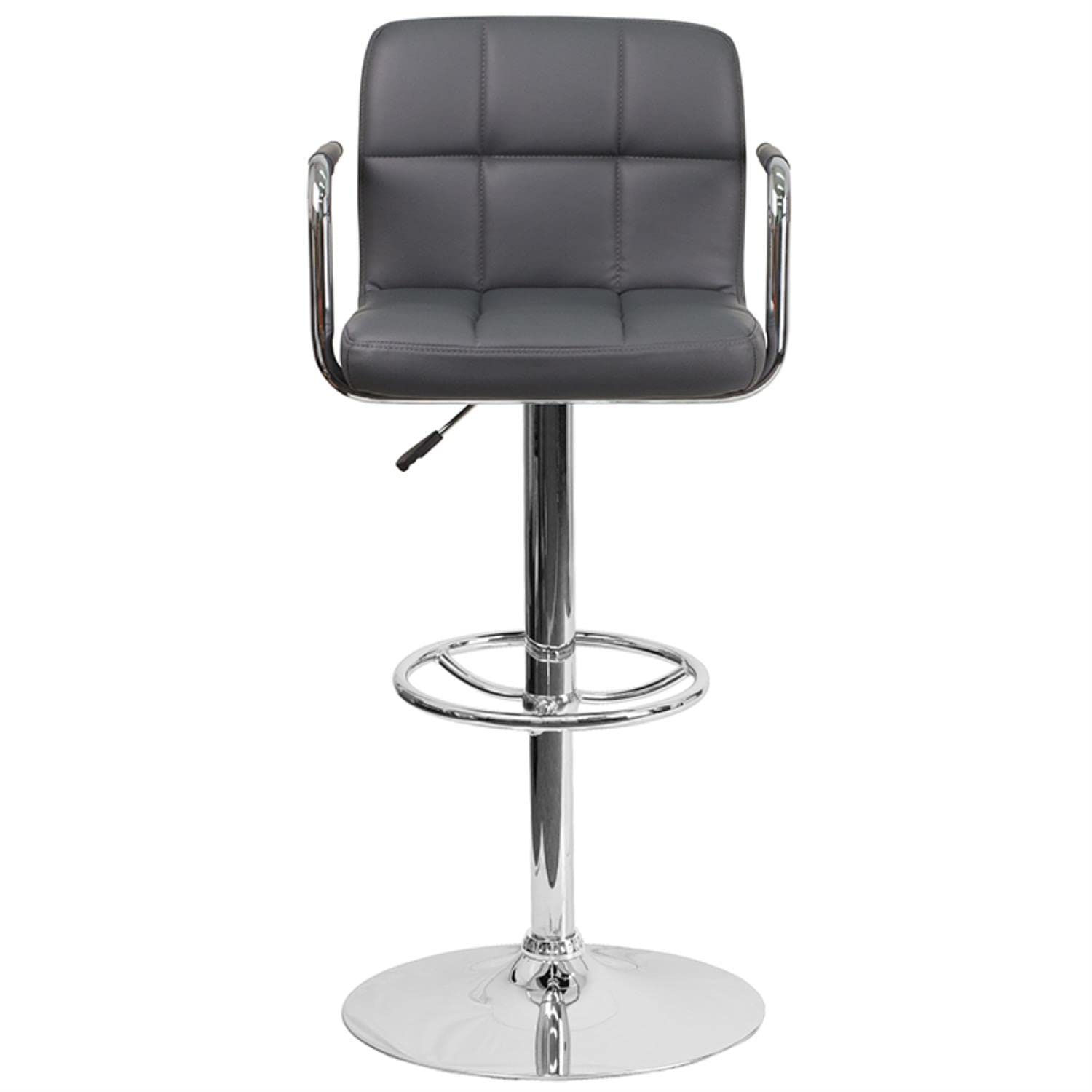 Flash Furniture Contemporary Gray Quilted Vinyl Adjustable Height Barstool with Arms and Chrome Base