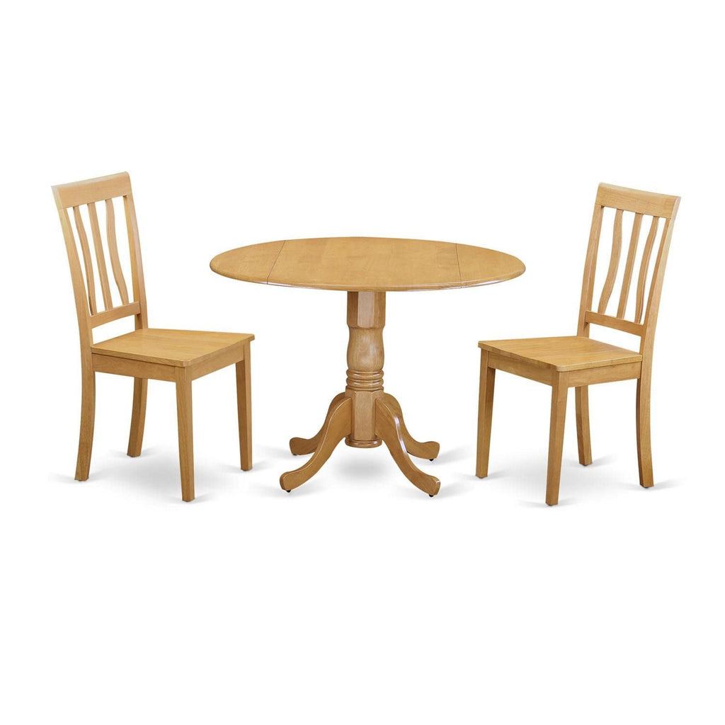 East West Furniture DLAN3-OAK-W 3 Piece Dinette Set for Small Spaces Contains a Round Dining Table with Dropleaf and 2 Dining Room Chairs, 42x42 Inch, Oak