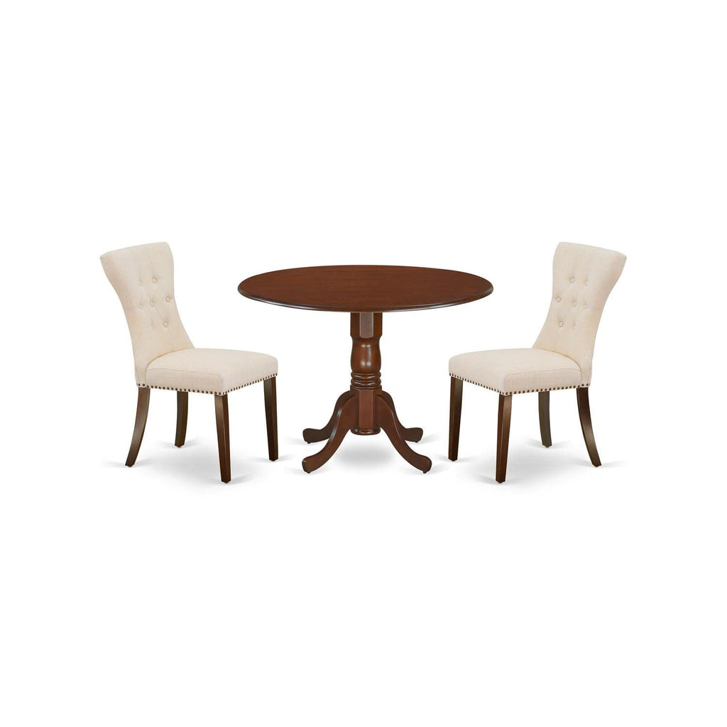East West Furniture Dlga3-Mah-32 3 Piece Modern Dining Table Set Contains A Round Wooden Table With Dropleaf And 2 Light Beige Linen Fabric Parsons Dining Chairs, 42X42 Inch, Mahogany