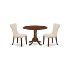 East West Furniture Dlga3-Mah-32 3 Piece Modern Dining Table Set Contains A Round Wooden Table With Dropleaf And 2 Light Beige Linen Fabric Parsons Dining Chairs, 42X42 Inch, Mahogany