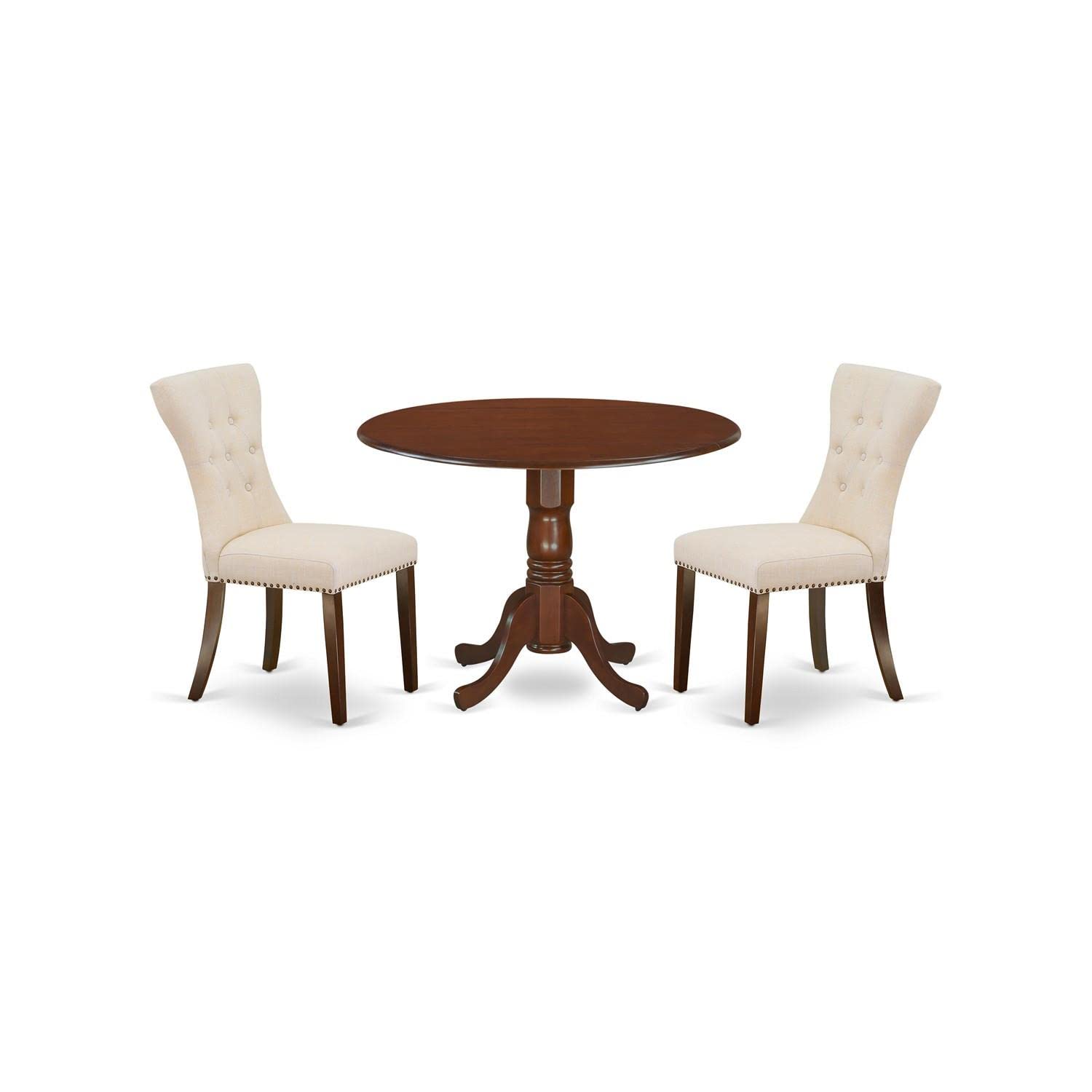 East West Furniture Dlga3-Mah-32 3 Piece Modern Dining Table Set Contains A Round Wooden Table With Dropleaf And 2 Light Beige Linen Fabric Parsons Dining Chairs, 42X42 Inch, Mahogany