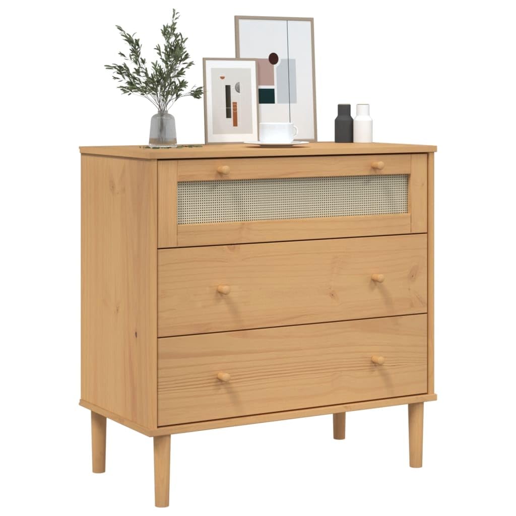 vidaXL - Stylish Drawer Cabinet SENJA, Brown Solid Pinewood with UV Varnish Finish, Fitted with Poly Rattan Drawer Fronts - 31.5&quot;x15.7&quot;x31.5&quot;