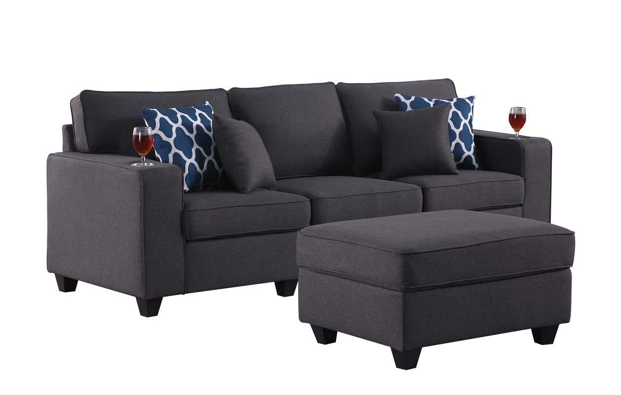 Lilola Home Cooper Dark Gray Linen Sofa with Ottoman and Cupholder