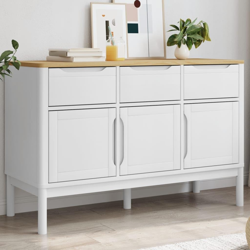 vidaXL Sideboard Floro White 44.9x16.9x29.1 Solid Pine Storage Cabinet with Ample Storage, Decorative Top and Wooden Legs for Living Room, Bedroom, Kitchen