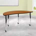 Flash Furniture Mobile 60" Half Circle Wave Collaborative Oak Thermal Laminate Activity Table - Standard Height Adjustable Legs