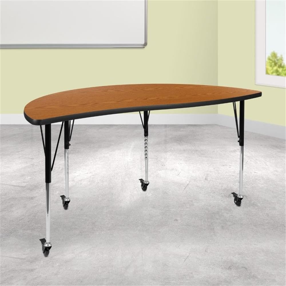 Flash Furniture Mobile 60" Half Circle Wave Collaborative Oak Thermal Laminate Activity Table - Standard Height Adjustable Legs