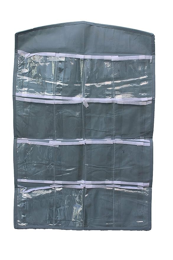 AWICKTIK 1 Pcs Polyester 16 Pockets Clear Hanging Bag for Socks Bra Underwear Cupboard Rack Hanger Storage Organiser  (Grey)