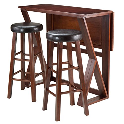 Ergode Harrington Drop Leaf High Table Set | Solid Wood | Walnut Finish | 39.37" W x 31.5" D x 36.22" H | Includes 2 Stools | Fully Assembled (94336-VV)