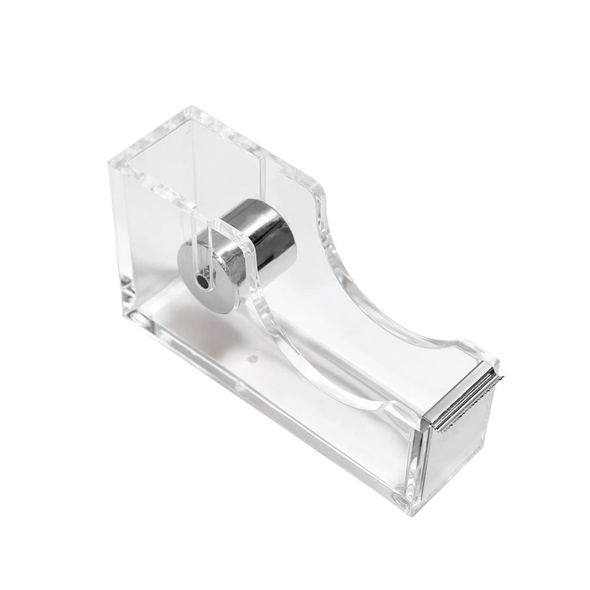 Desk Tape Dispenser Acrylic Clear Silver Non-Skid Tape Cutter Holder For Desk Supplies Office, Home And School