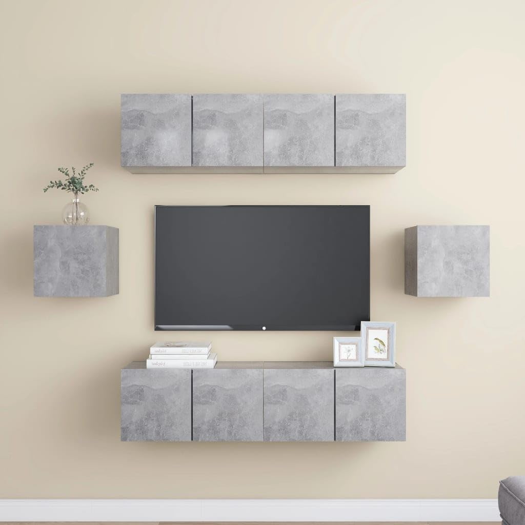 vidaXL TV Cabinet Set 6 Piece Home Indoor Hanging Wall-Mounted Stereo Plasma HiFi Cabinet TV Stand Unit Furniture Concrete Gray Engineered Wood