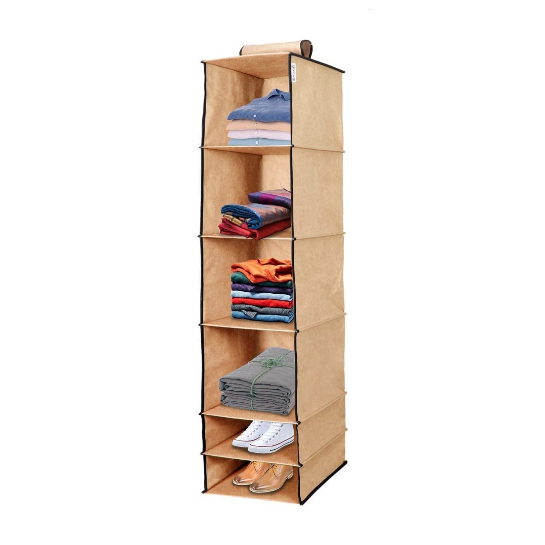 Prettykrafts Hanging Organizer 6 Shelves Wardrobe Organiser  Beige