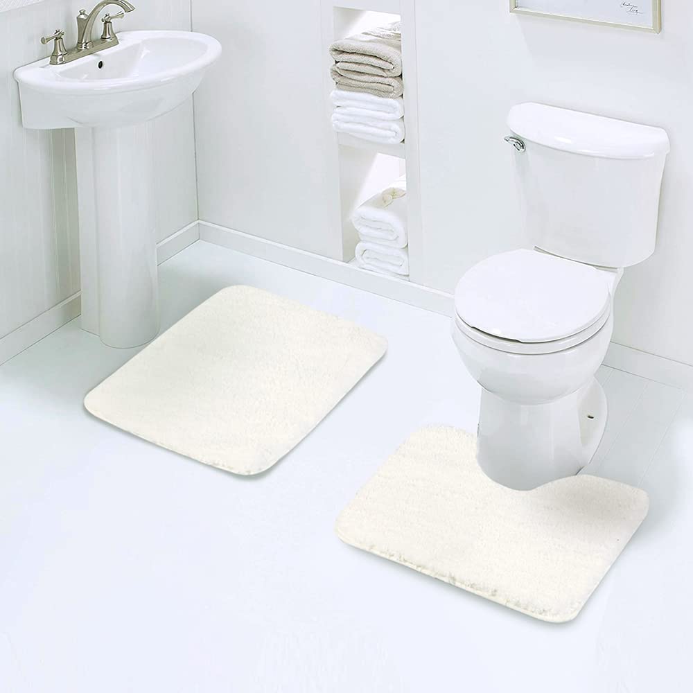 Walensee Shaggy 2 Piece Bath Rug Sets (Ivory) 20 x 24 U Shape Contour Rug & 20 x 32 Bathroom Rug Machine Wash/Dry Bath Mats for 