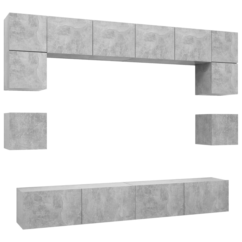 vidaXL TV Cabinet Set 8 Piece Home Indoor Hanging Wall-Mounted Stereo Plasma HiFi Cabinet TV Stand Unit Furniture Concrete Gray Engineered Wood