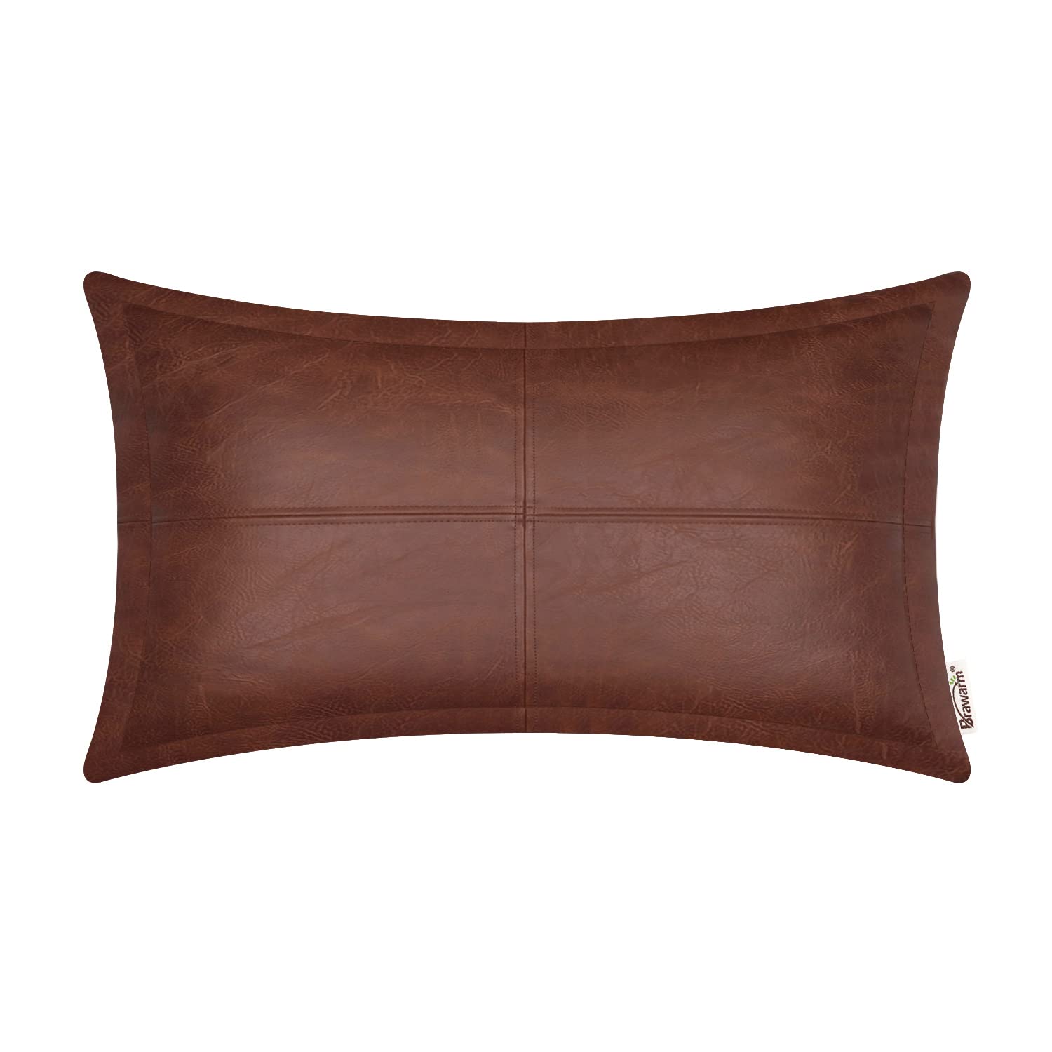 Brawarm Dark Brown Leather Throw Pillow 12 X 20 Inches, Faux Leather Pillow Cover With Piping, Hand Stitched Leather Decorative