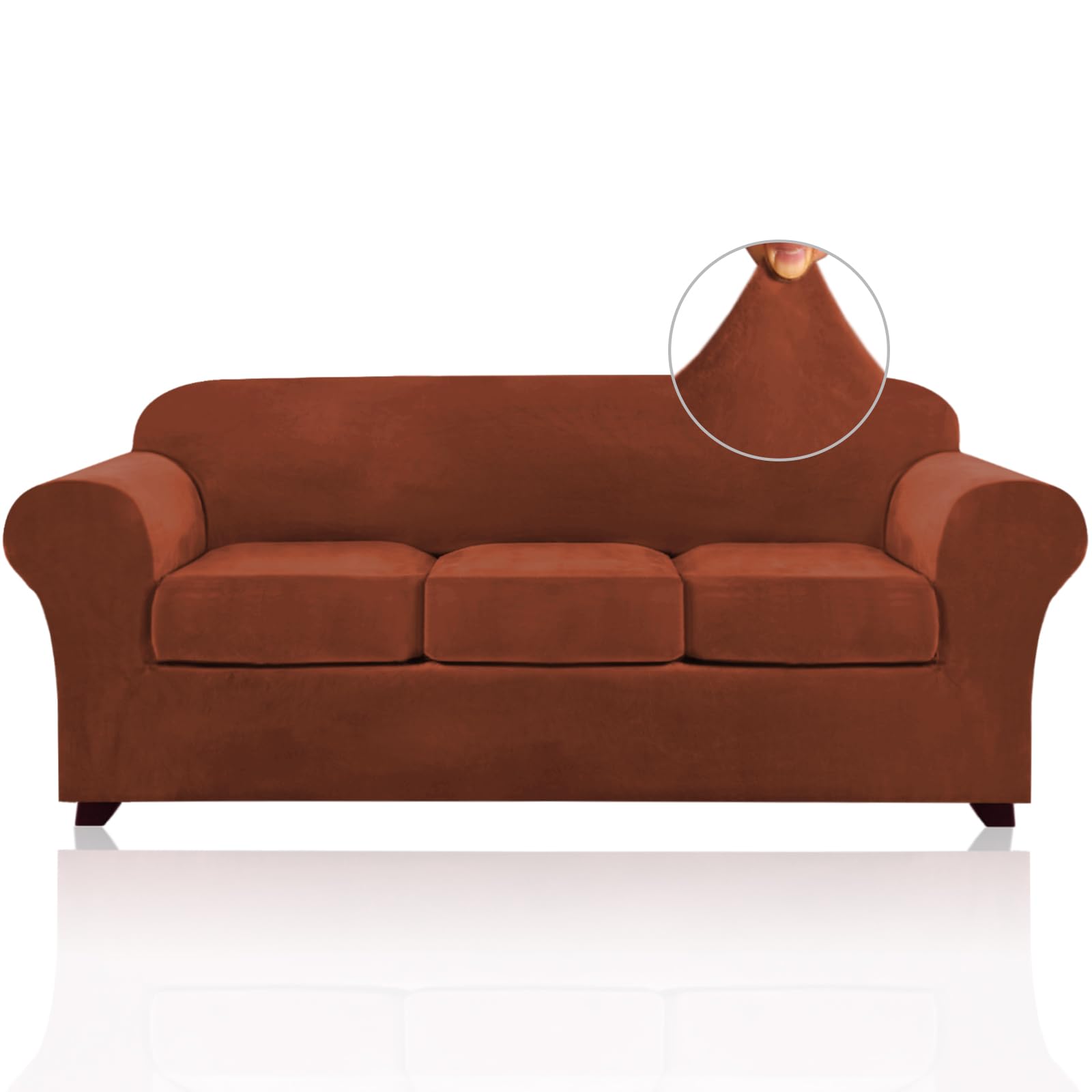 Princedeco 4 Pieces Couch Covers Velvet Couch Covers For 3 Cushion Sofa Soft Furniture Protector With Non Slip Elastic Bottom Washable Couch Covers Width Up To 90 Inch (Large, Rust)