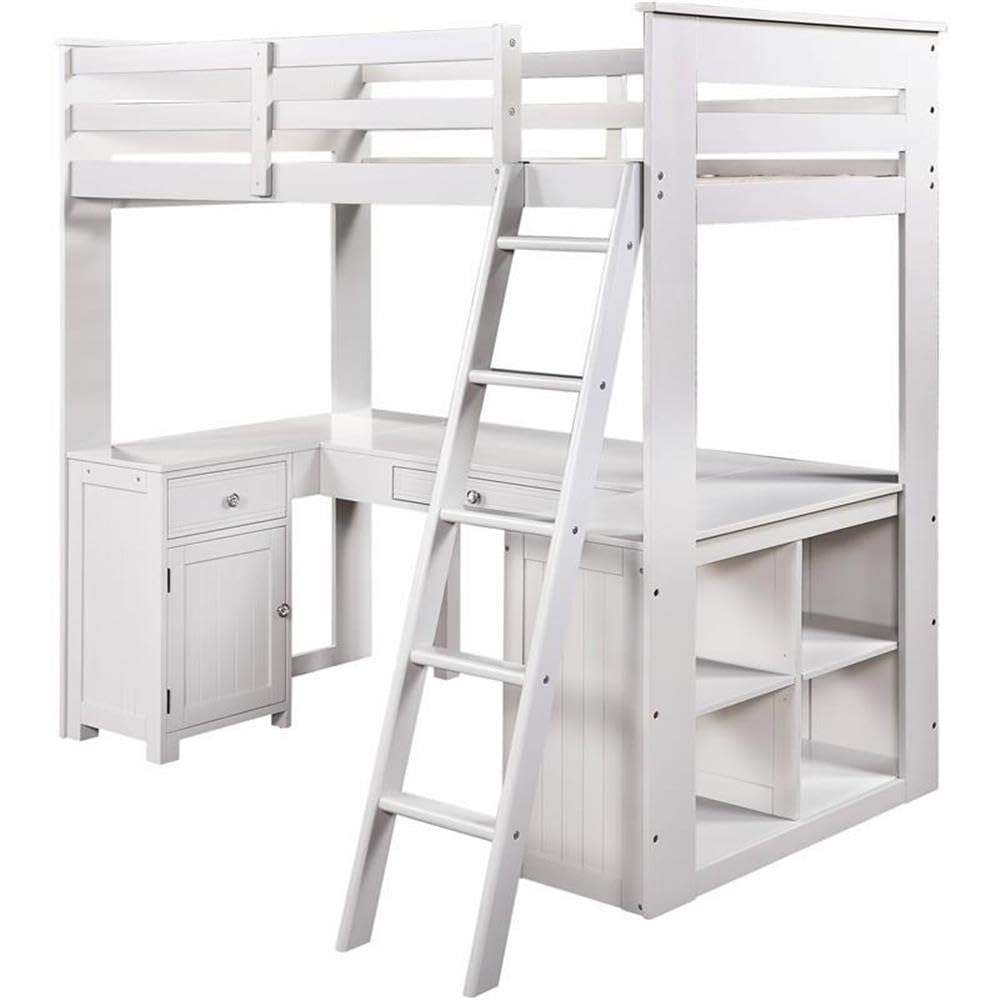 Acme Ambar Loft Bed with Chest Desk & Bookcase in Light Gray