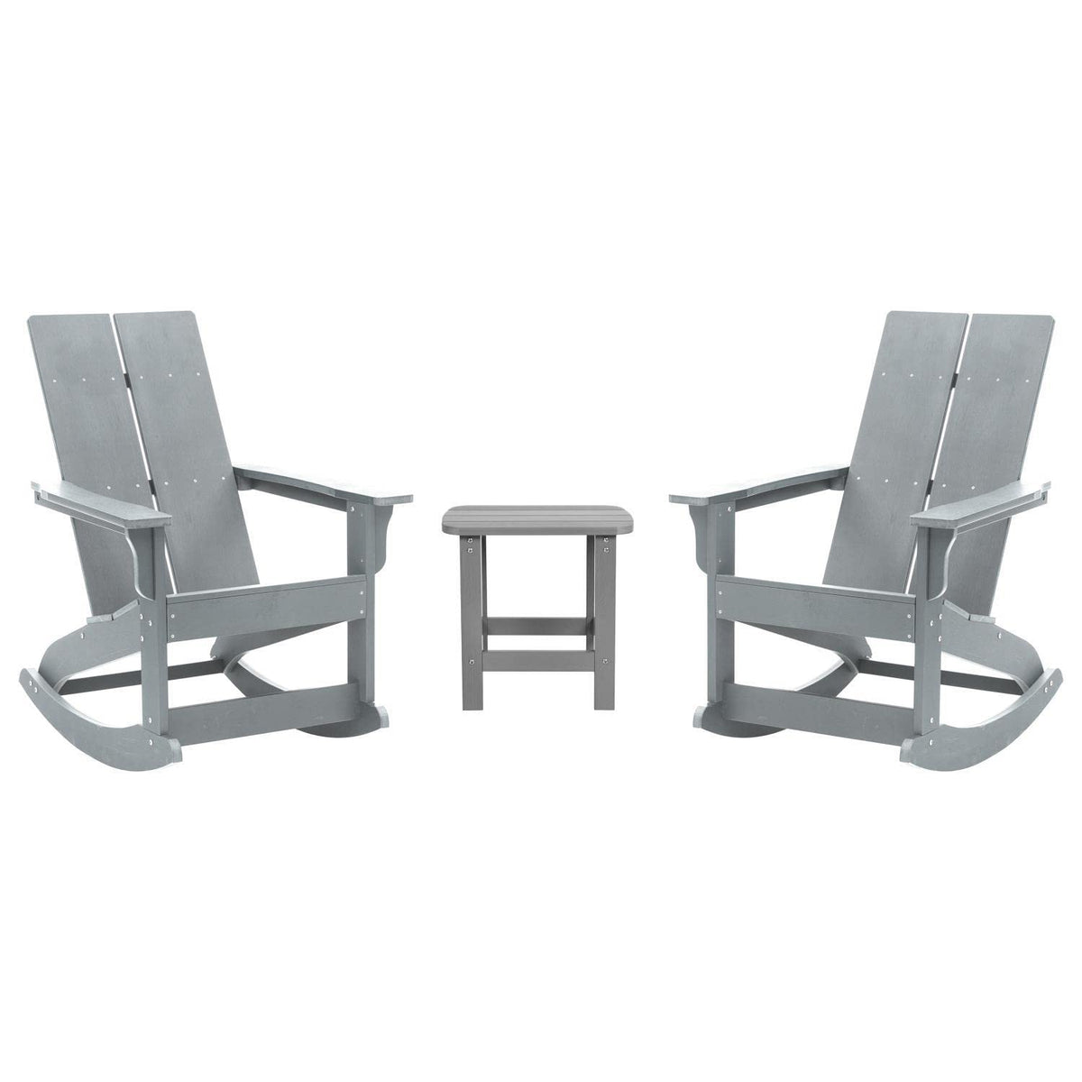 Flash Furniture Set of 2 Savannah Adirondack Rocking Chairs - Commercial Grade All-Weather Gray Poly Resin Wood - Matching Side Table