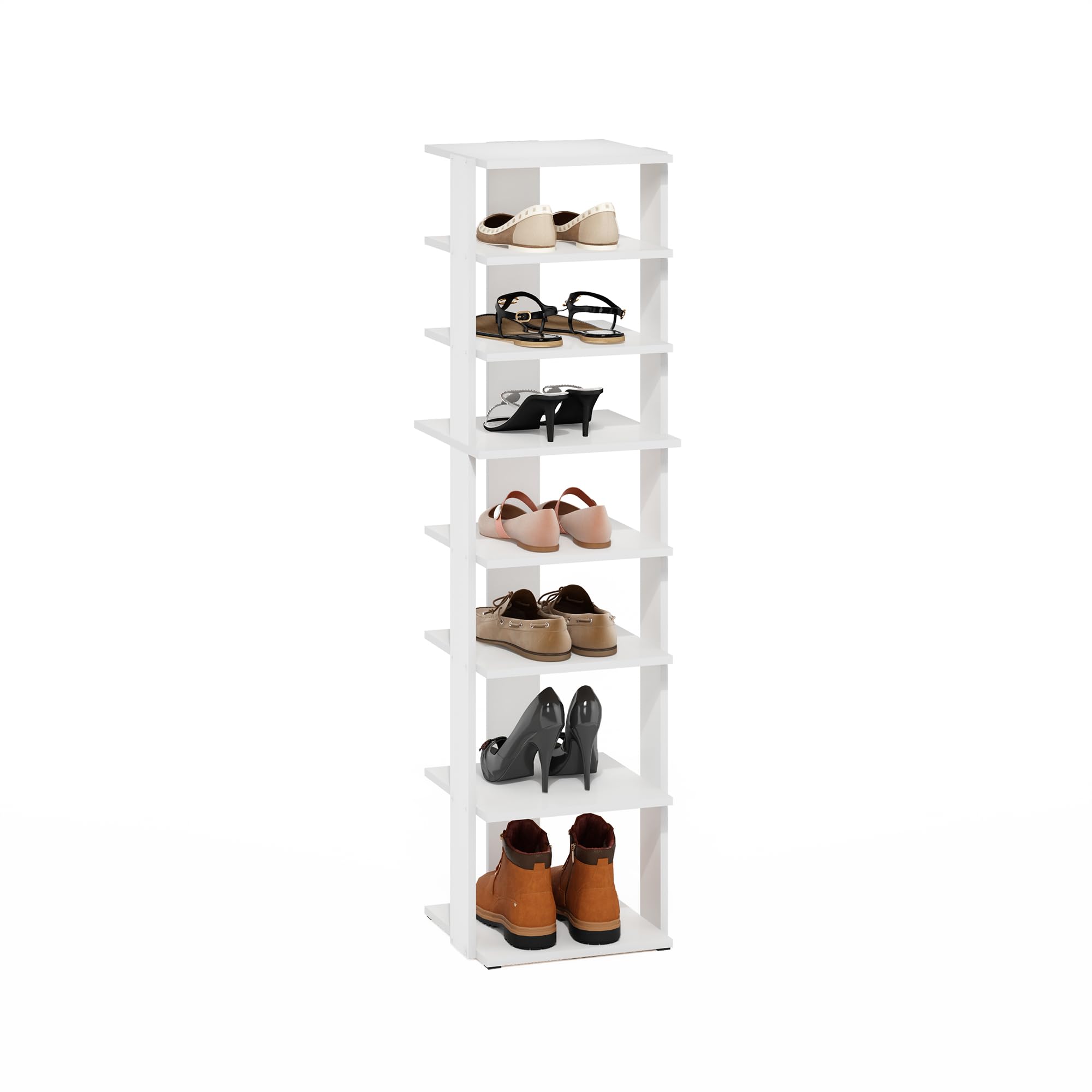 Furinno Compact 8-Tier Vertical Space Saving Free Standing Shoe Tower, Shoe Rack for Closet Entryway, White