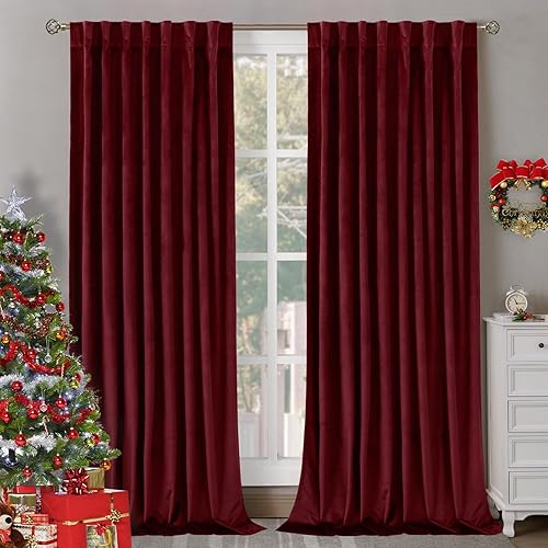 Bgment Red Velvet Blackout Curtains For Living Room, 84 Inches Long Thermal Insulated Curtains Noise Reduce Back Tab And Rod Poc