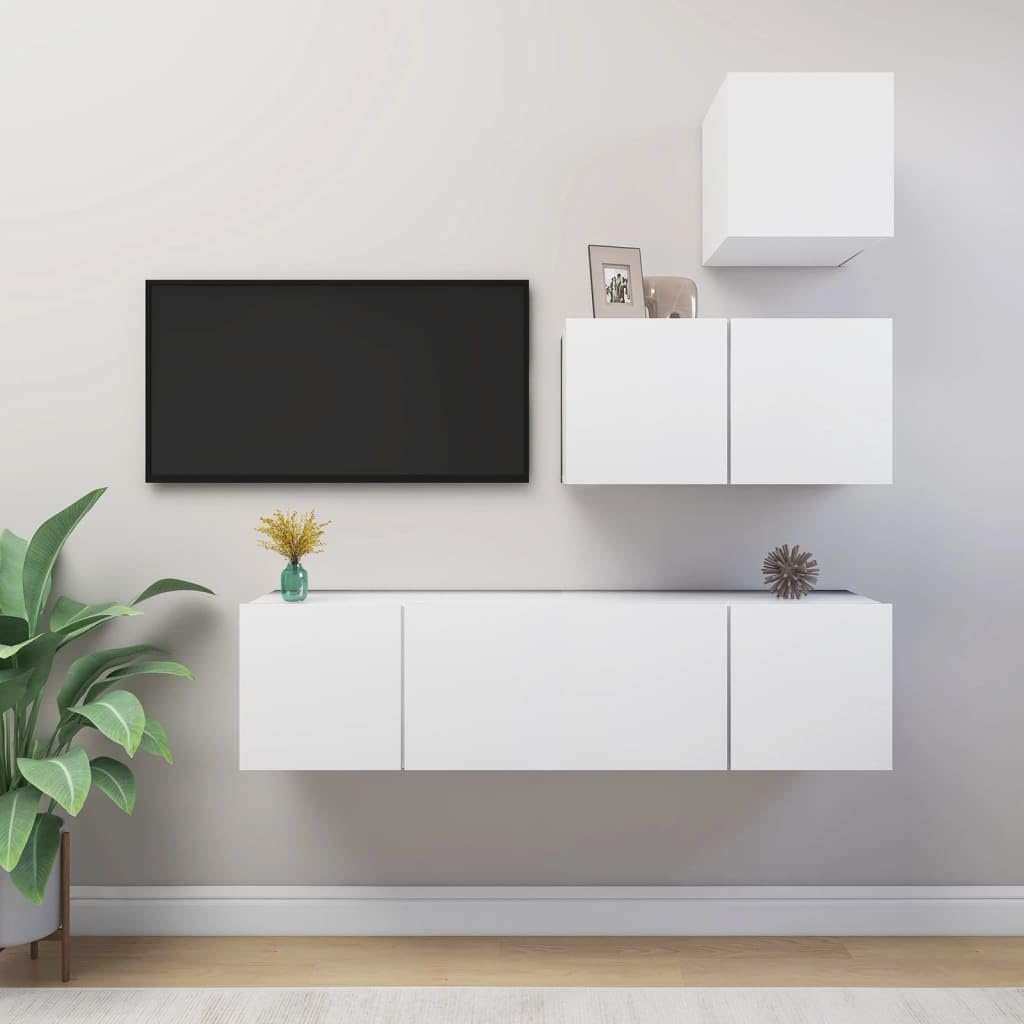 vidaXL TV Cabinet Set 4 Piece Home Indoor Living Room Hanging Wall-Mounted Stereo Plasma HiFi Cabinet TV Unit Furniture White Engineered Wood