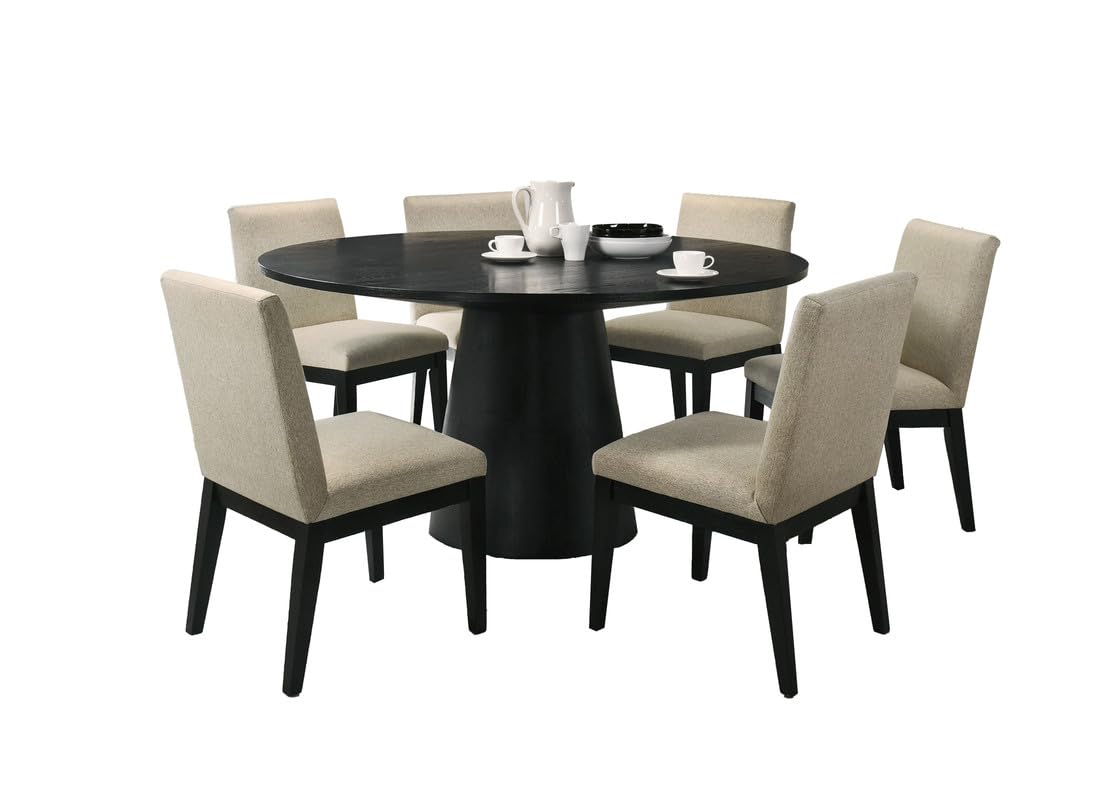 LILOLA LIVING Jasper Ebony Black 7 Piece 59&quot; W Round Dining Table Set with Beige Fabric Chairs