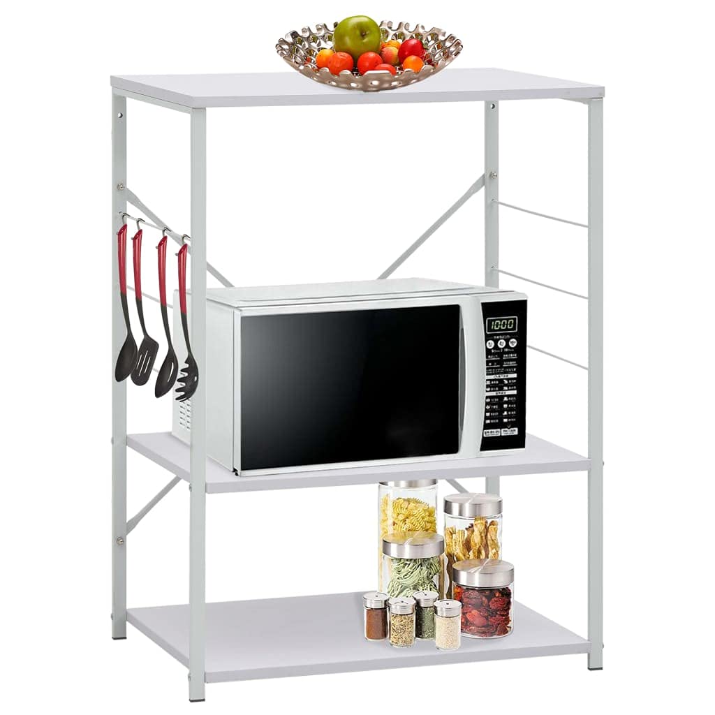 vidaXL 3-Tier Microwave Cabinet with Accessory Hooks - White Engineered Wood and Powder-Coated Steel Storage Shelf
