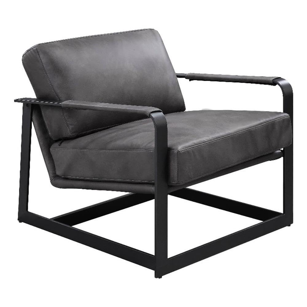 Acme Locnos Top Grain Leather Upholstered Accent Chair in Gray and Black