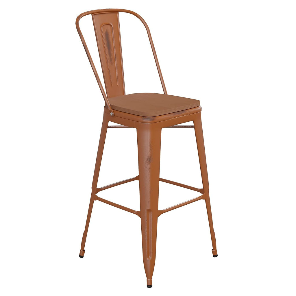 Flash Furniture Carly Commercial Grade 30" High Orange Metal Indoor-Outdoor Bar Height Stool with Back and Teak Polystyrene Seat