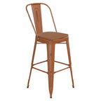 Flash Furniture Carly Commercial Grade 30" High Orange Metal Indoor-Outdoor Bar Height Stool with Back and Teak Polystyrene Seat