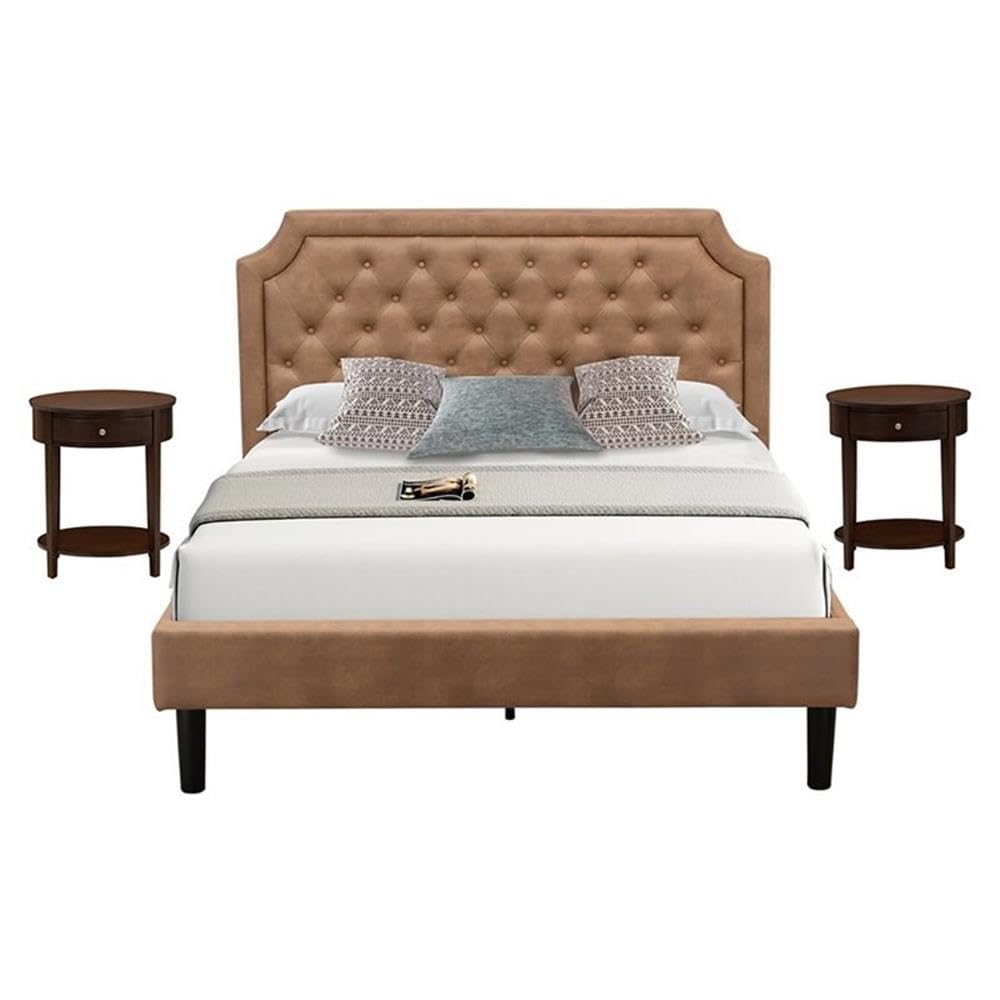 East West Furniture Gb28Q-2Hi0M 3-Pc Platform Queen Bed Set With Button Tufted Bedframe And 2 Antique Mahogany Mid Century Modern Nightstands - Brown Faux Leather With Brown Texture And Black Legs
