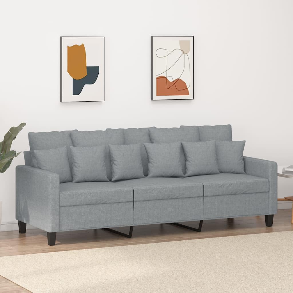 vidaXL 3-Seater Sofa - Light Gray Fabric with Metal Frame, Thickly Padded Seats, Armrests, & Back Pillows, Sturdy & Comfortable - Ideal for Home/Office/Lounge Area