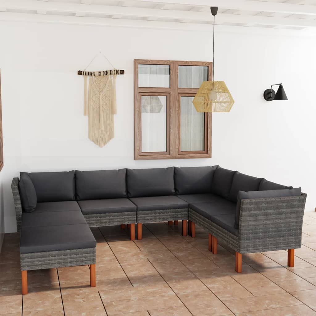 vidaXL 8 Piece Patio Lounge Set with Cushions - Durable, Outdoor, Weather-Resistant with PE Rattan and Solid Eucalyptus Wood Legs - Gray Patio Sofa Set for Garden, Farmhouse Style