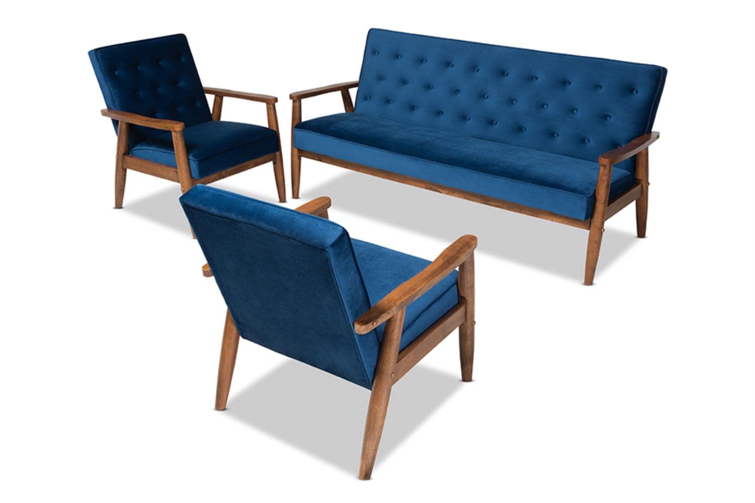 Baxton Studio Sorrento Mid-century Modern Navy Blue Velvet Fabric Upholstered Walnut Finished 3-Piece Wooden Living Room Set