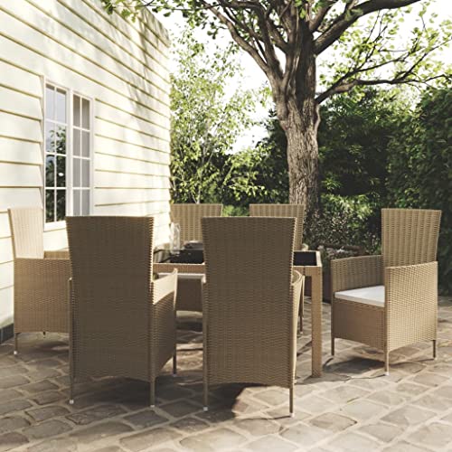 vidaXL 7-Piece Outdoor Dining Set - Elegant Beige Poly Rattan Design with Powder-Coated Steel Frame - Weather-Resistant, Easy Maintenance, Comfortable Cushioning