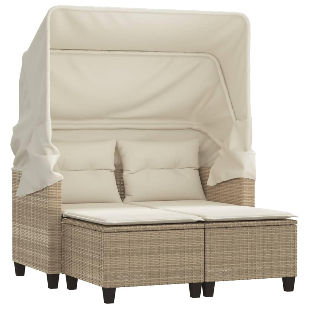 vidaXL 2-Seater Patio Sofa with Retractable Canopy & Stools - Beige Poly Rattan Loveseat, Thick Cushions, Outdoor Seating for Garden & Deck