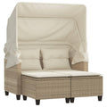 vidaXL 2-Seater Patio Sofa with Retractable Canopy & Stools - Beige Poly Rattan Loveseat, Thick Cushions, Outdoor Seating for Garden & Deck