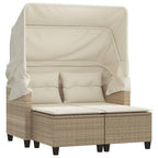 vidaXL 2-Seater Patio Sofa with Retractable Canopy & Stools - Beige Poly Rattan Loveseat, Thick Cushions, Outdoor Seating for Garden & Deck