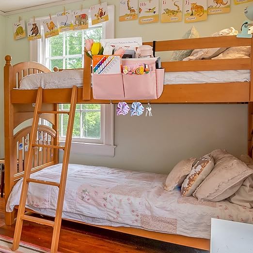 Frjjthchy Bedside Storage Organizer 5 Pockets With 4 Hooks Hanging Storage Bag For Headboards/Bunk Bed (2Pack Pink)