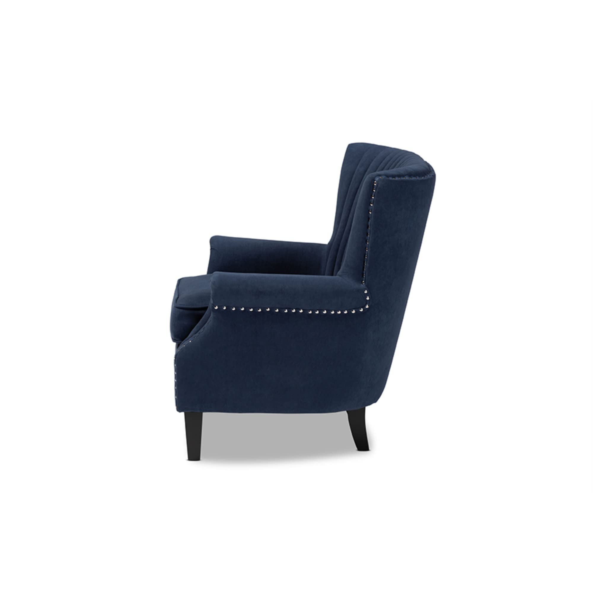 Baxton Studio Wilhelm Classic and Traditional Navy Blue Velvet Fabric Upholstered and Dark Brown Finished Wood Armchair