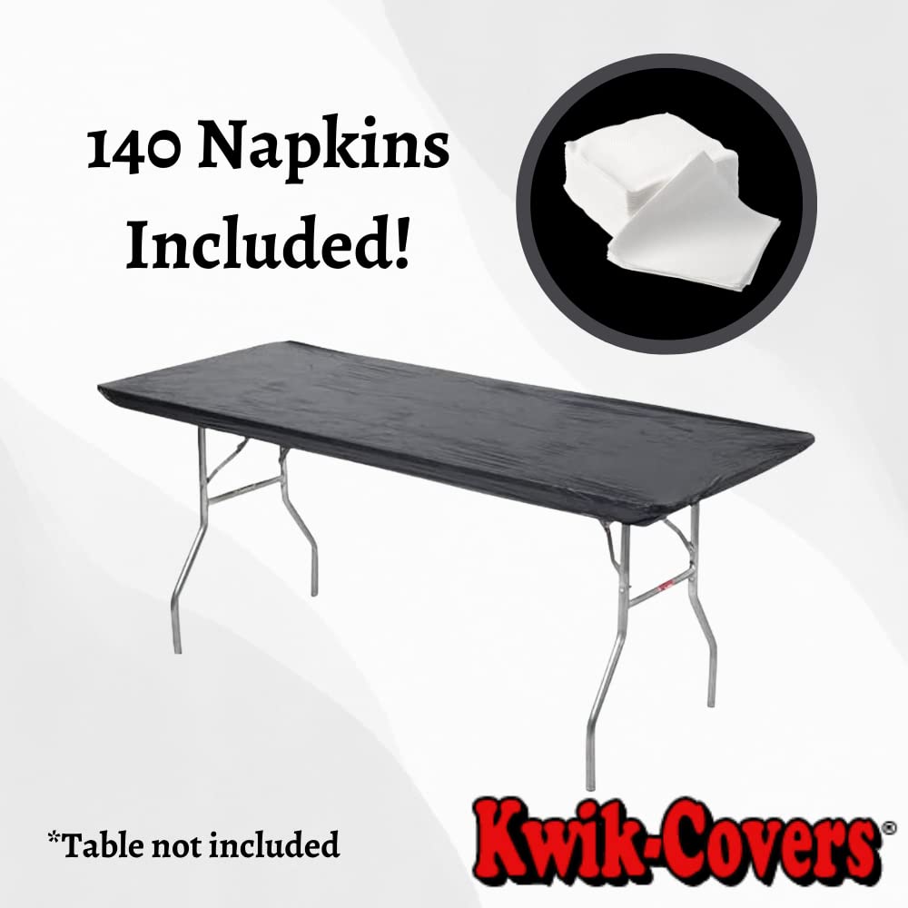 Kwik-Covers Rectangular Plastic Table Covers Bundle Of 10 With One Hundred Forty (140) Ohm Commerce Paper Napkins - Indoor Or Outdoor Fitted Table Covers (Table Not Included) (30X72 10 Pack, Black)