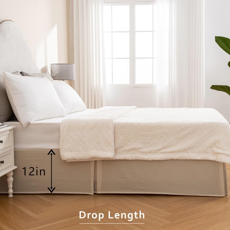 Miye Pleated Waffle Weave Bed Skirt, Tailored Dust Ruffle 12 Inch Drop Easy Fit, Machine Washable (Cream, King - 12'' Drop)