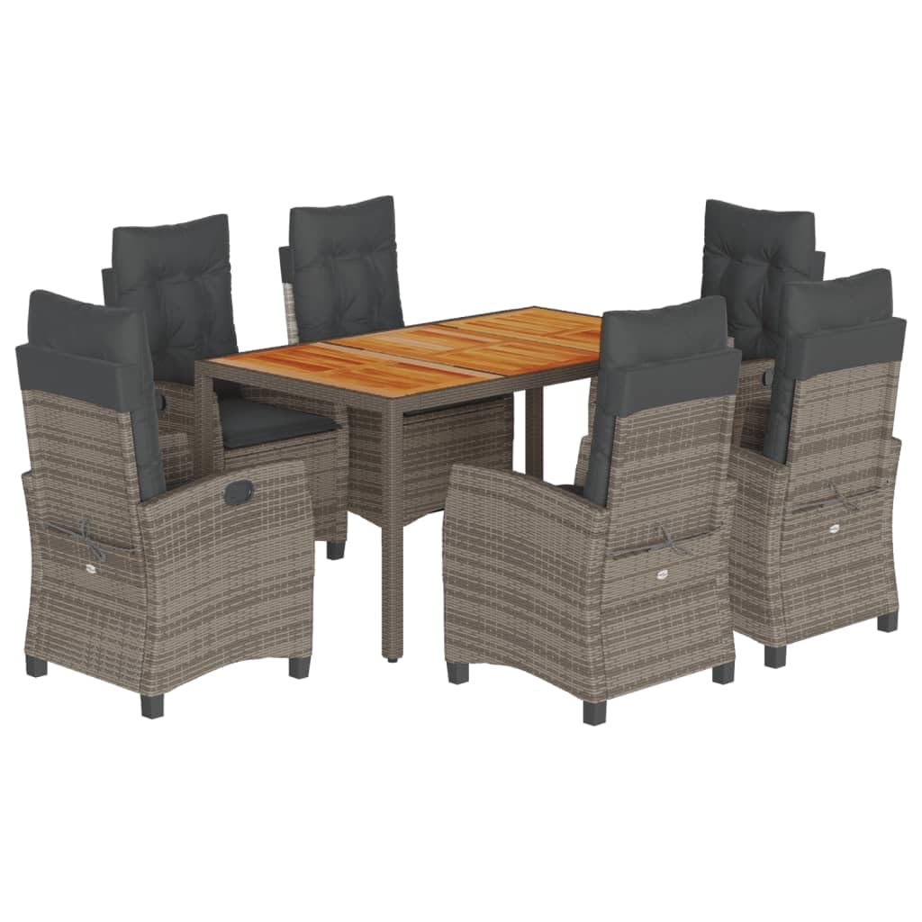 vidaXL - 7 Piece Patio Dining Set - Cushions Included, Gray Poly Rattan and Acacia Wood, Outdoor/Garden/Patio Furniture