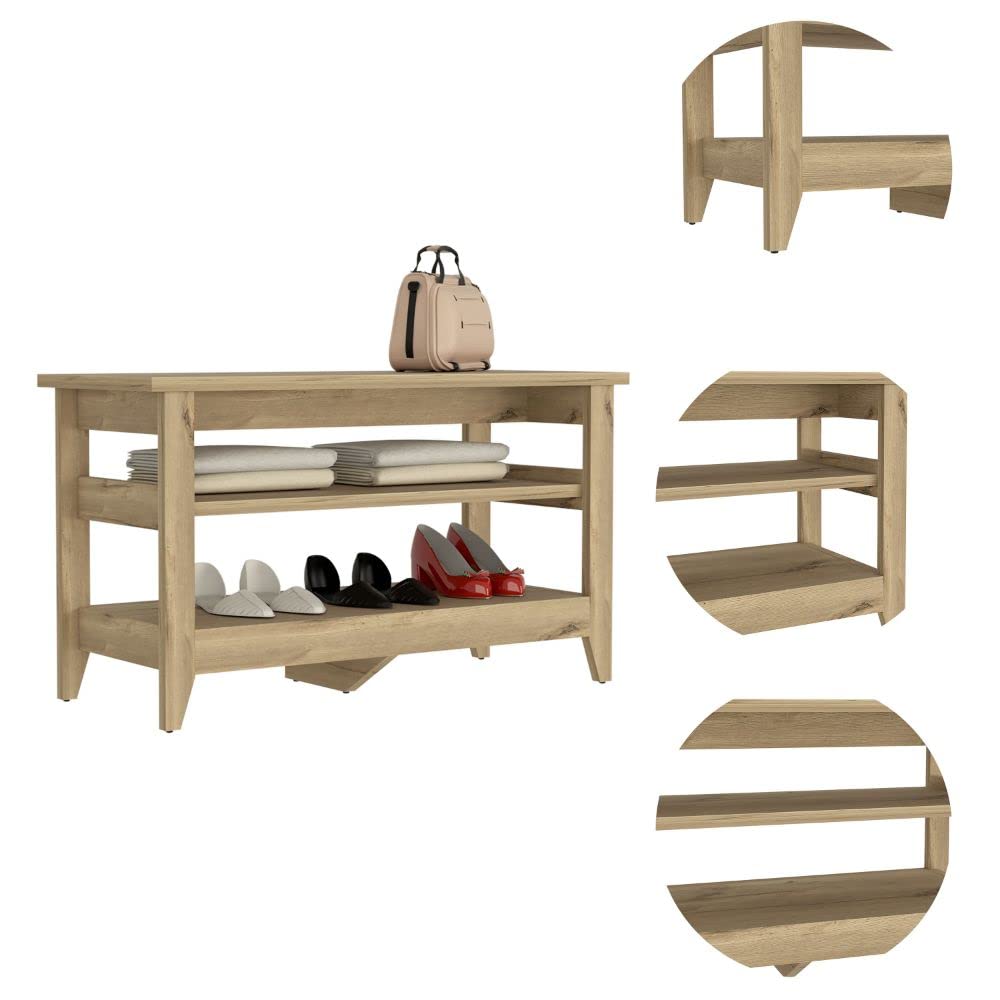 Mason Storage Bench, 2 Open Shelves, Light Oak