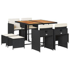 vidaXL Patio Dining Set with Cushions - 9 Piece Black and Cream Poly Rattan Garden Furniture with Acacia Wood Top